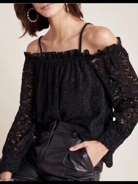 Anthropologie Eri + Ali Ramona Black Lace Off The Shoulder Top Medium